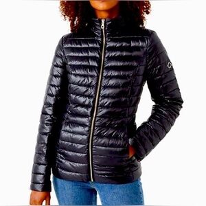 Kate Spade Packable Down Jacket Black Hooded Puffer Quilted Coat Size Large NWOT